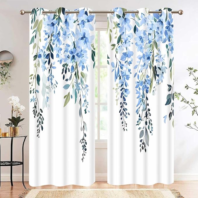 Blue Watercolor Floral Curtains, Botanical Leaves Vine Flowers Curtain, Rustic Farmhouse Flower Leaf Blackout Window Treatment Drapes for Bedroom Living Room 42x72 inch, 2 Panels