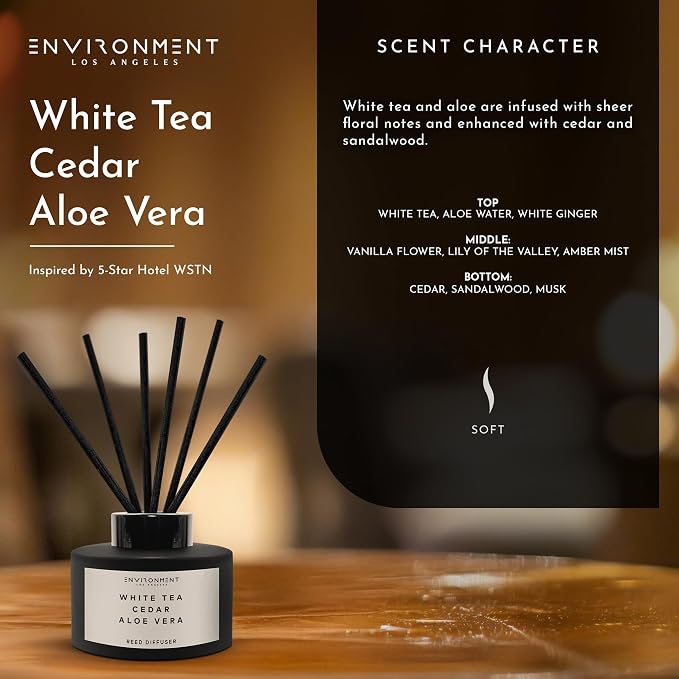 Environment Inspired by 5-Star Resort WSTN Reed Diffuser, 200ml Luxury Scented Aromatherapy (White Tea | Cedar | Aloe Vera) Reed Diffusers for Home, Diffusing Oil Fragrance, Home Fragrance Products