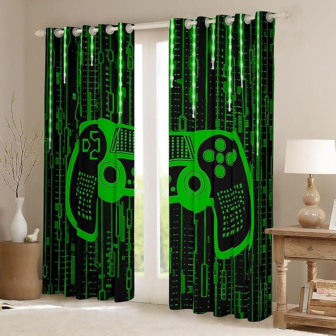 Feelyou Kids Boys Green Gaming Window Curtains Gamer Darkening Drapes Light 3D Gamer Blackout Curtains for Modern Game Window Treatments Game Room (2 Panels, 38 x 45 Inch)