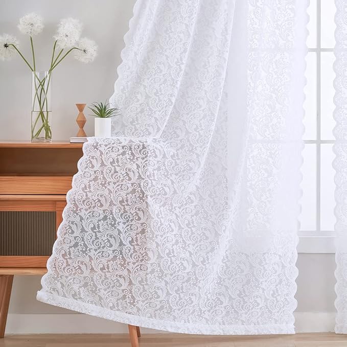 ALIGOGO 102 Inch Curtains for Living Room - Elegant White Lace Sheer Curtains 102 Inches Long, Privacy Flowers Scalloped Rod Pocket Room Divider Curtain, 52 x 102 Inch, White
