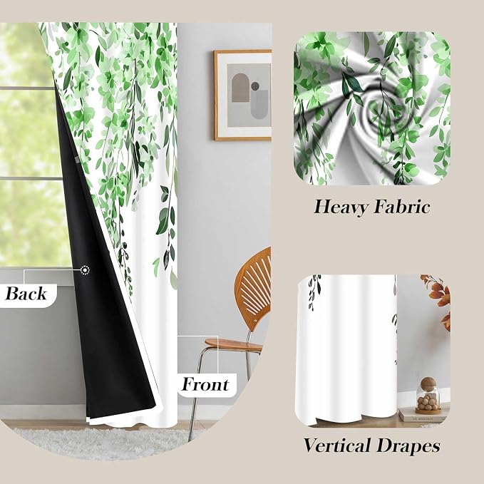 Green Watercolor Floral Curtains, Botanical Leaves Vine Flowers Curtain, Rustic Farmhouse Flower Leaf Blackout Window Treatment Drapes for Bedroom Living Room 42x72 inch, 2 Panels