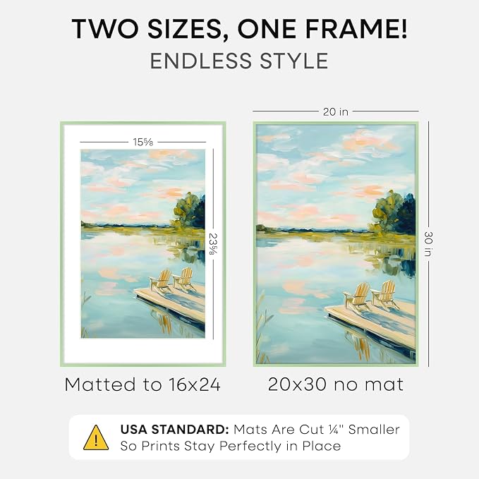 Homeforia 20x30 Frame Sage Green, High End Metal 20x30 Picture Frames with Mat 16x24 inch Photo, 20 x 30 Sage Green Poster Frame Matted to 16 by 24 Art, 30x20 Frame, Tempered Glass, Wall Kit, Set of 2
