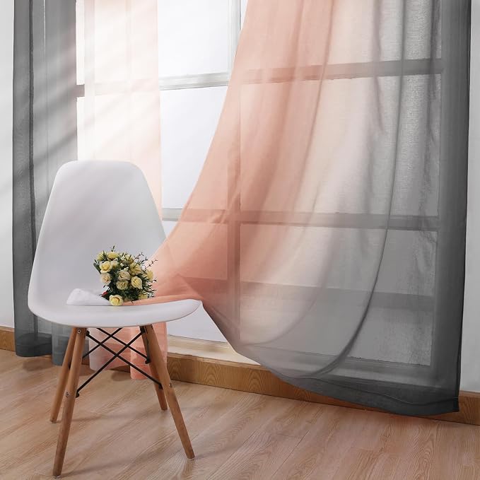 DWCN Ombre Sheer Curtains - Faux Linen Semi Voile Grommet Top Gradient Curtains for Bedroom and Living Room, Set of 2 Window Curtain Panels, 52 x 84 Inch Length（Grey and Pink