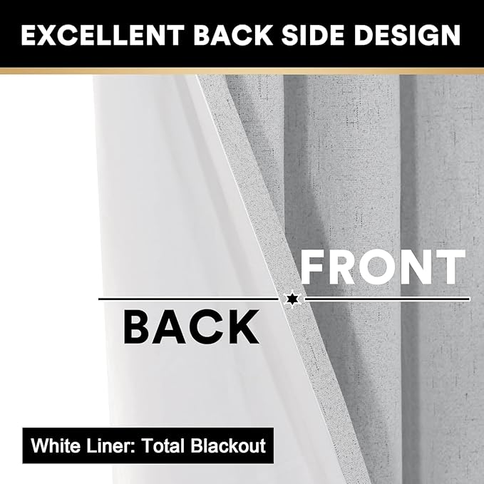 PrinceDeco Linen Texture Curtains Full Blackout Curtains 120 inch Long 2 Panels Set Anti-Rust Grommet Grey Linen Curtains Vertical Drapes Privacy for Bedroom Living Room，52 X 120 Inch, Glacier Grey