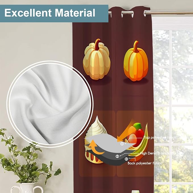 Shrahala Happy Thanksgiving Day Thermal Insulated Blackout Window Curtains, Pumpkin Turkey Bird Leaves Long Drapes for Bedroom/Living Room with Plastic Grommet, 52X63 Set of 2
