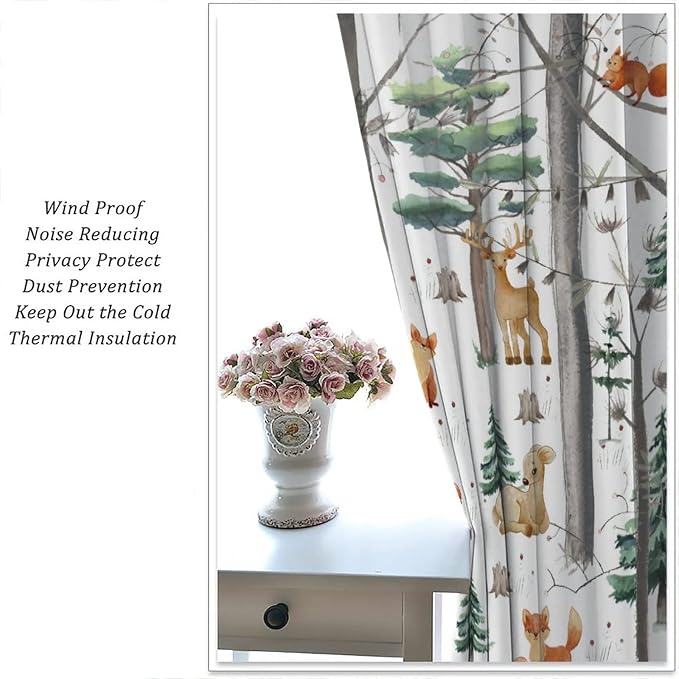 YCness Kid Forest Woodland Animal Fox Elk Bear Watercolor Print Curtains for Nursery Bedroom Living Room, Rustic Wild Animal Window Drapes 2 Panel Set, 55x63 Inch