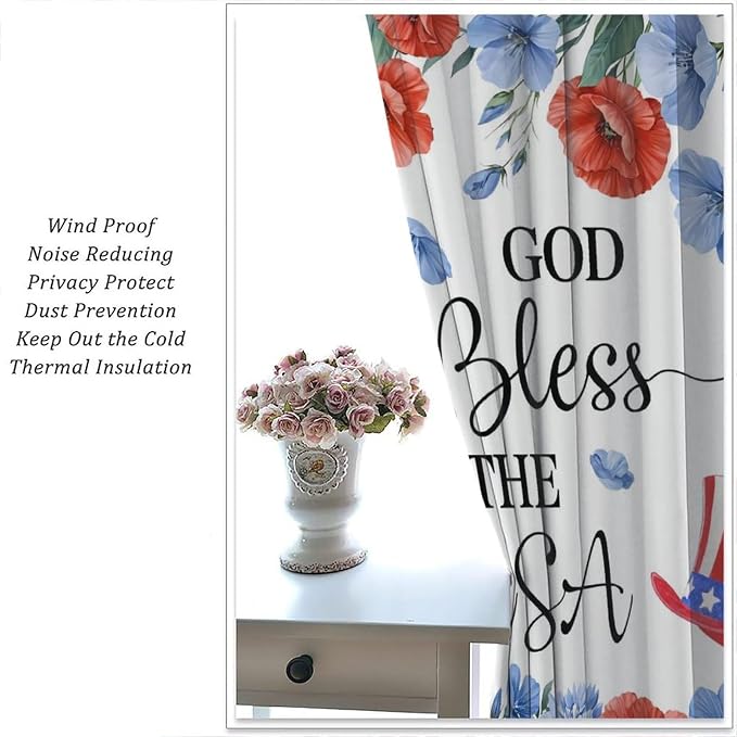 4th of July Curtain,Red Blue Floral Patriotic Independence Day Drapes for Bedroom Living Room Kitchen Window Treatment 2 Panels Set Total Size 63" W X 72" L Inch