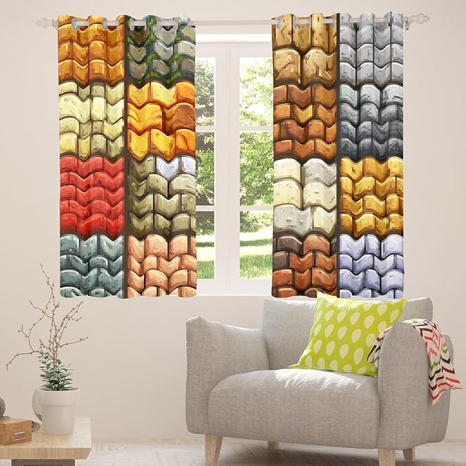 Castle Fairy Pixelated Themed Games Window Curtain,Miner Video Games Bedroom Decor Curtains,Kids Boys Teens Geometric Grid Wall Window Treatment Brown Grey Blackout Drapes 2 Panels,38Wx54L