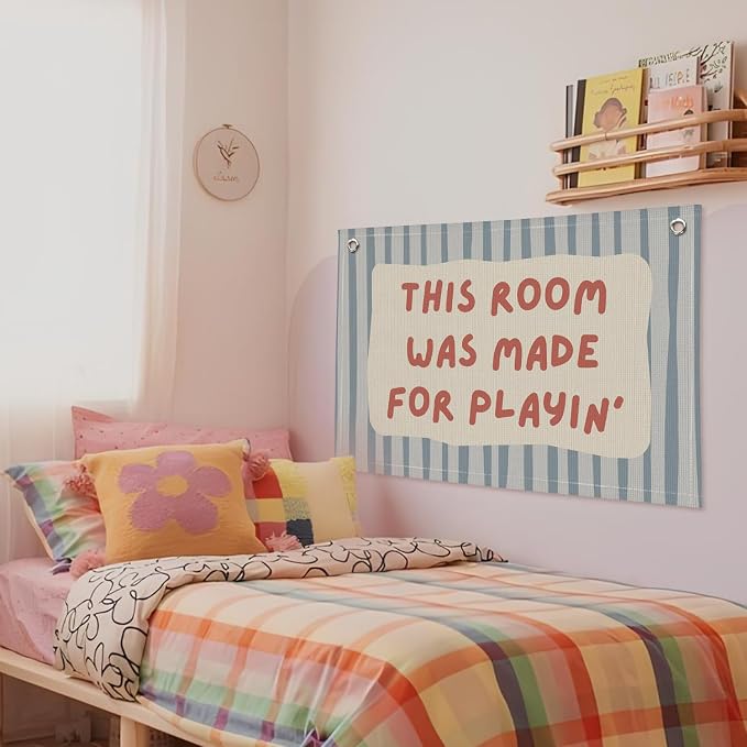 Playroom Decor Wall Banner "This Room Was Made For Playin'" 20x30 Inch - Nursery Canvas Art, Kids Bedroom Hanging, Toddler Play Area Sign, Children's Canvas Flag Decor - Red