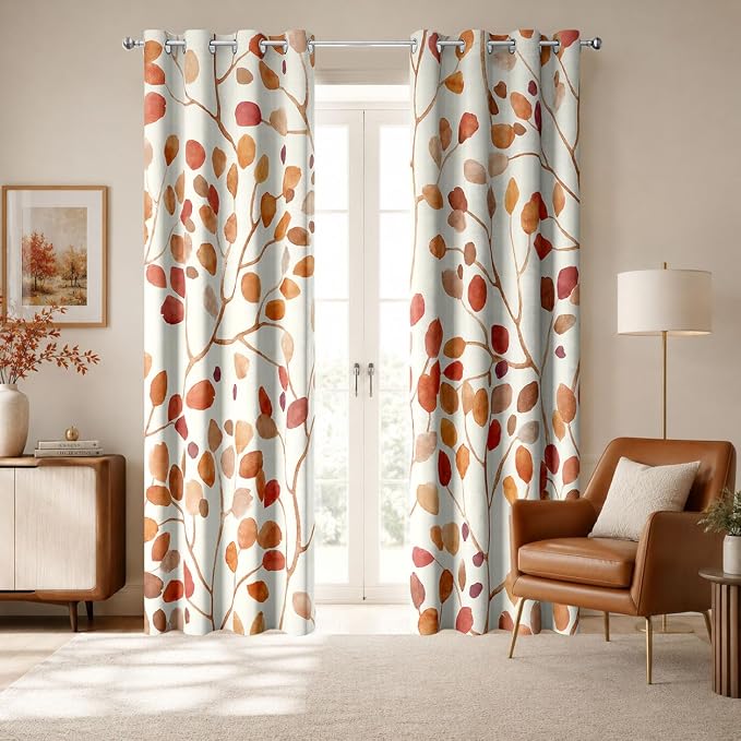 Boho Orange Brown Leaf Floral Blackout Curtains, Watercolor Bohemian Flower Print Window Drapes, Living Room Bedroom Decor 2 Panels 52x84 Inch