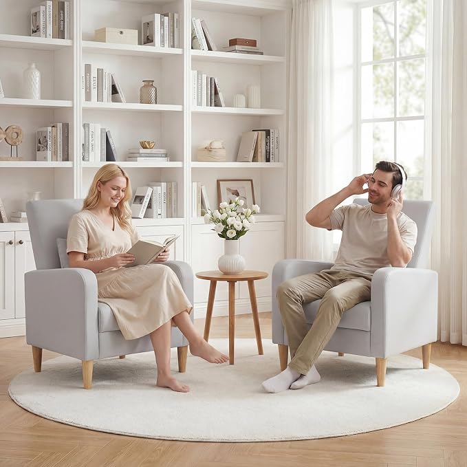 COLAMY Mid-Century Modern Accent Chairs Set of 2, Faux Leather Upholstered Living Room Chairs with Back Pillow & Solid Wood Legs, Comfy Armchair for Living Room, Bedroom, Single Sofa, Light Grey
