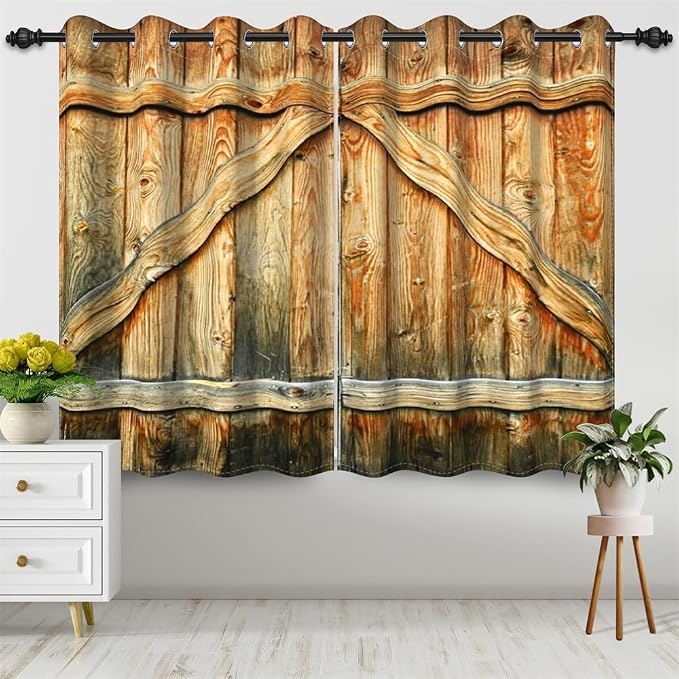 Closed Door Barn Door Curtains Rustic Vintage Wood Door Wooden Plank Window Curtains Farmhouse Countryside Living Room Kitchen Window Drapes Treatments Grommets Top,53x72 inch,2 Panels