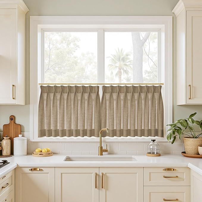 TWOPAGES 42" W x 36" L Linen Blend Cafe Curtains for Kitchen Window, Light Filtering Pinch Pleated Tier Curtains, Modern Farmhouse Half Window Curtains for Bathroom, Rust Brown, 2 Panels