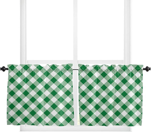 24 Inch Long Tier Curtains for Kitchen, Pastoral Style Deep Green Lattice Bathroom Window Curtains Rod Pocket Short Curtains Window Treatment Tiers for Living Room Farmhouse 2 Panels