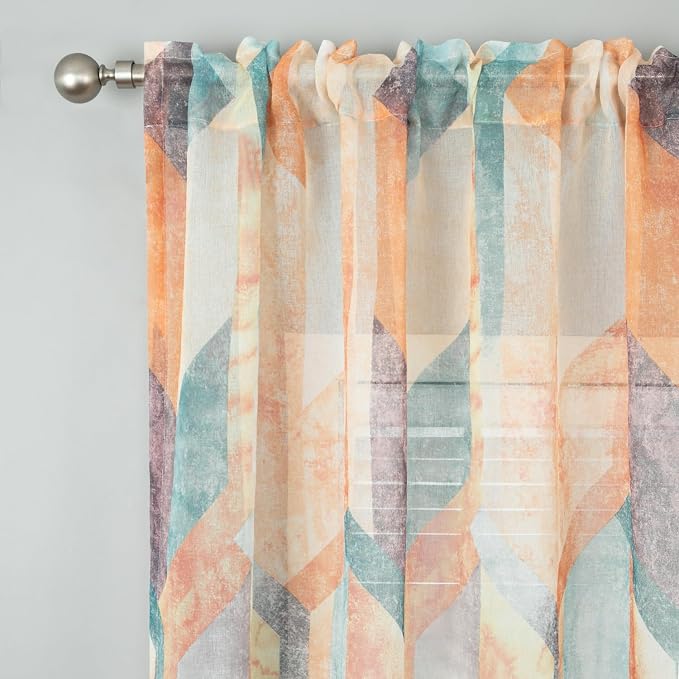 Leeva Airy Sheer Curtains 84 inches Long 2 Panels Set, Rod Pocket Orange Geometry Print Pattern Voile Sheer Drapes for Living Room Bedroom, 52" W x 84" L