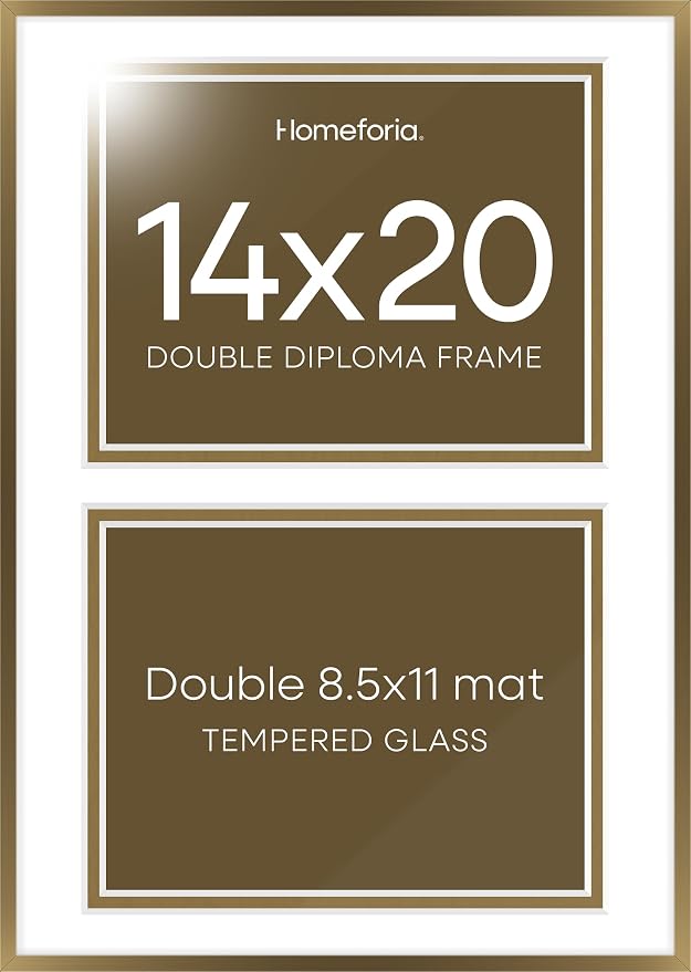 Homeforia 14x20 Double Diploma Frame Bronze, High End Metal 14 x 20 Certificate Frames with Mat for Two 8.5 x 11 Diplomas, 14by20 Dual Award Graduation Matted Frame, Tempered Glass, Wall Kit, Set of 3