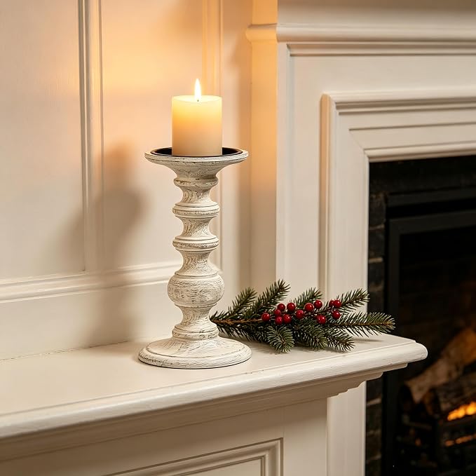 Hosley White Wood Pillar Candle Holder 9 Inch High Ideal Gift for Farmhouse Weddings Special Occasion Spa Aromatherapy Settings Candle Gardens. W1