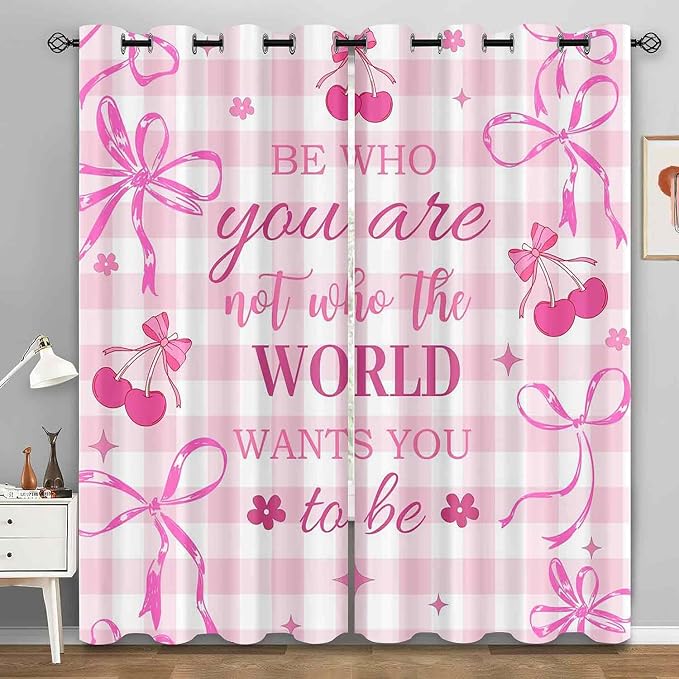 LUVIVIHOME Pink Cherry Bow Buffalo Plaid Curtains, Cute Preppy Blackout Curtains for Girls Bedroom Living Room, Floral Bowknot Girly Coquette Room Decor, Grommet Window Drapes 2 Panel Sets, 52x84 Inch