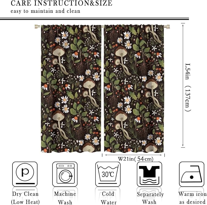 Mushroom Curtains,Green Plant Forest Botanical Print Window Treatments for Bedroom Living Room Kitchen Cartoon Herbs Floral Window Drapes 2 Panels Set,Total Size 42 x 54 Inch