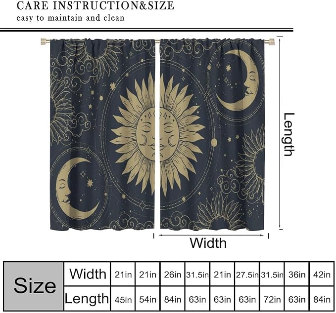 Bohemian Sun Moon Blackout Curtains, Golden Sun Moon Stars Vintage Galaxy Printed Window Drapes, for Bedroom Living Room 52" W X 84" L
