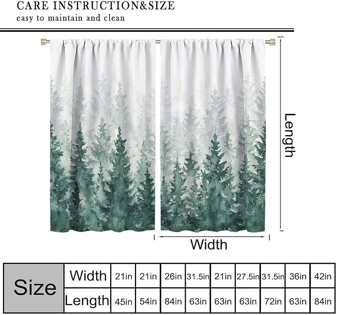 Green Forest Curtains, Watercolour Nature Misty Simple Pine Tree Tree Forest Plant Blackout Windows Treatments, Thermal Insulated Drapes for Kids Boys Girls Living Room Bedroom 63x72in