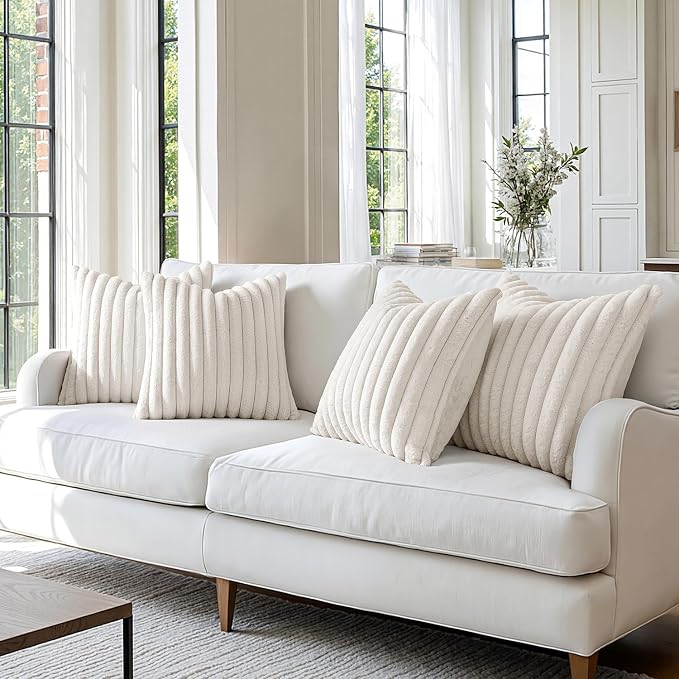 MIULEE Faux Fur Plush Decorative Throw Pillow Covers 20x20 Set of 4, Modern Soft Fuzzy Striped Cushion Covers for Spring Sofa Couch Bed Living Room Cozy Home Decor,Pure White