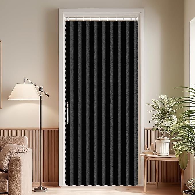 AJAZZ Blackout Accordion Door Invisible Accordion Doors Interior Magnetic Door Curtain for Bedroom Living Room Doorway Curtain Sets Included Rod (1 Pack, 43W x 78 L, Black)