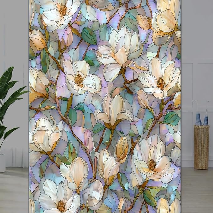 Elegant Floral Plants Stained Glass Window Film, Classic Magnolia Blossoms Peel and Stick Privacy Film, Frosted Adhesive Vinyl Decorative for Bathroom Windows Glass Doors, 31.5Wx47.2L inch