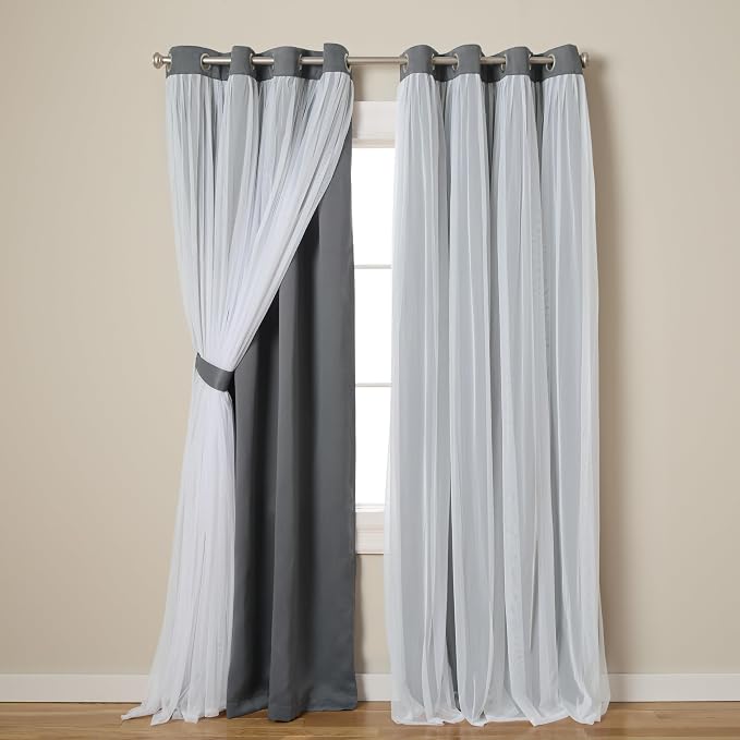TOWN & COUNTRY LUXE Talia Double Layer Indoor Curtains, Sheer and Room Darkening Blackout, Grommet Top, Energy Efficient, 2-Pack Set, 52"x84", Black Pearl