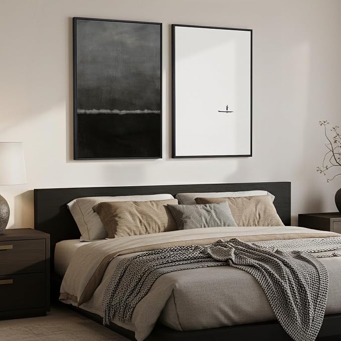 Framed Black and White Abstract Wall Art for Living Room, Large Set of 2 Minimalist Modern Canvas Prints for Walls, Seascape Horizon Pictures for Bedroom Dining Room Hallway Office Wall Decor 24x36 In