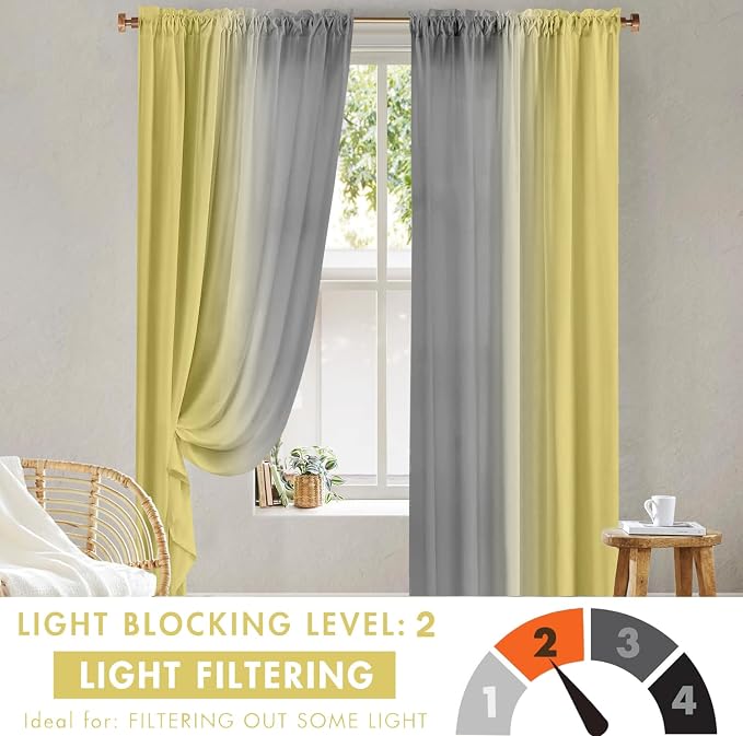 Yellow and Grayish Curtains for Living Room 84 Inch Length Ombre Curtains 2 Panel Bedroom Yellow and Grey Curtains Rod Pocket Light Filtering Window Curtain Modern Gradient Drapes