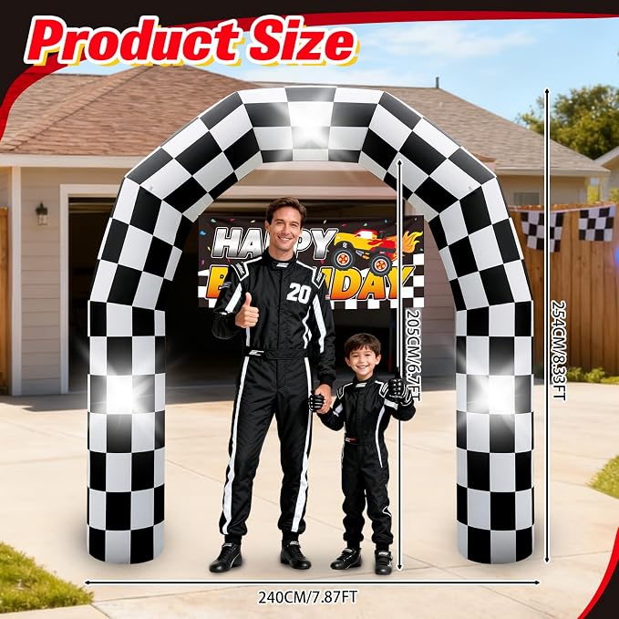 8FT Black and White Checkered Outdoor Race Car Inflatable Arch | Blow Up Racing Party Decoration with 3 Banners Built-in 3 LED Lights for Race Car Themed Birthday Party Lawn Yard Decor