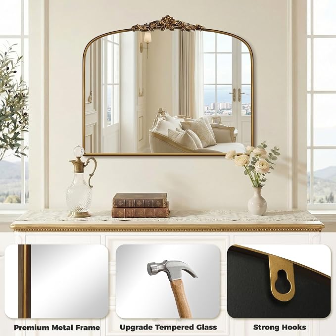 Vintage Gold Ornate Baroque Mirror - 36"X30" Arched Antique Brass Mirror with Full Metal Frame - Ideal for Entryway, Fireplace, Living Room, Hallway or Wall Decor (Upgrade Tempered Glass)