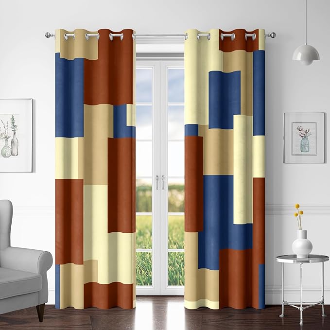 Tyrot Terracotta Blue 100% Blackout Curtains for Bedroom 84 inch Long 2 Panels Set Modern Abstract Geometric Black Out Curtains Insulated Room Darkening Window Drapes for Living Room, 52Wx84L
