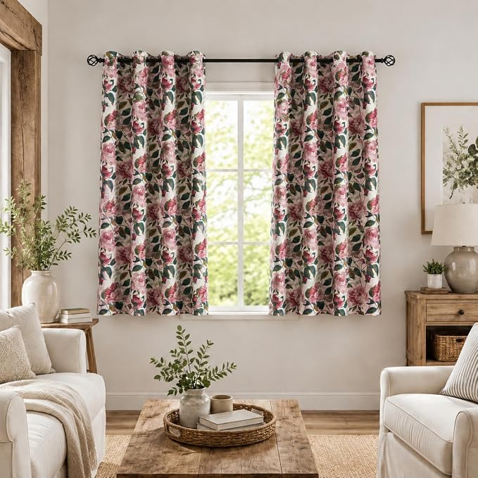 ALIGOGO Pink Floral Curtains for Living Room 63 Inch Length, Linen Flower Printed Pattern Shabby Chic Pink Curtains, Light Filtering Short Coquette Floral Drapes for Bedroom, 2 Panels 50" W x 63" L