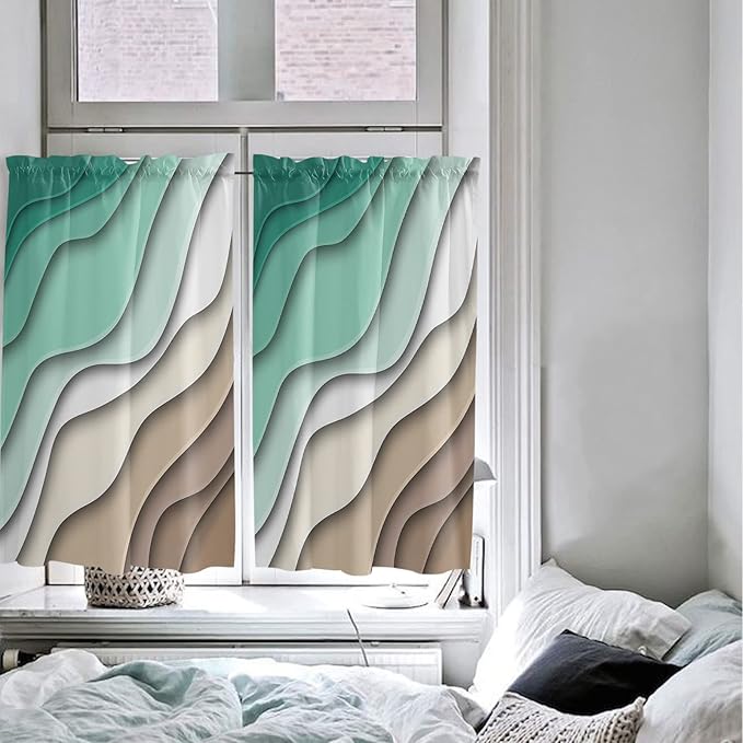 54 Inch Long Tier Curtains for Kitchen, Abstract Geometric Green Brown Gradient Waves Beach Bathroom Window Curtains Rod Pocket Short Curtains Window Treatment Tiers for Living Room 2 Panels