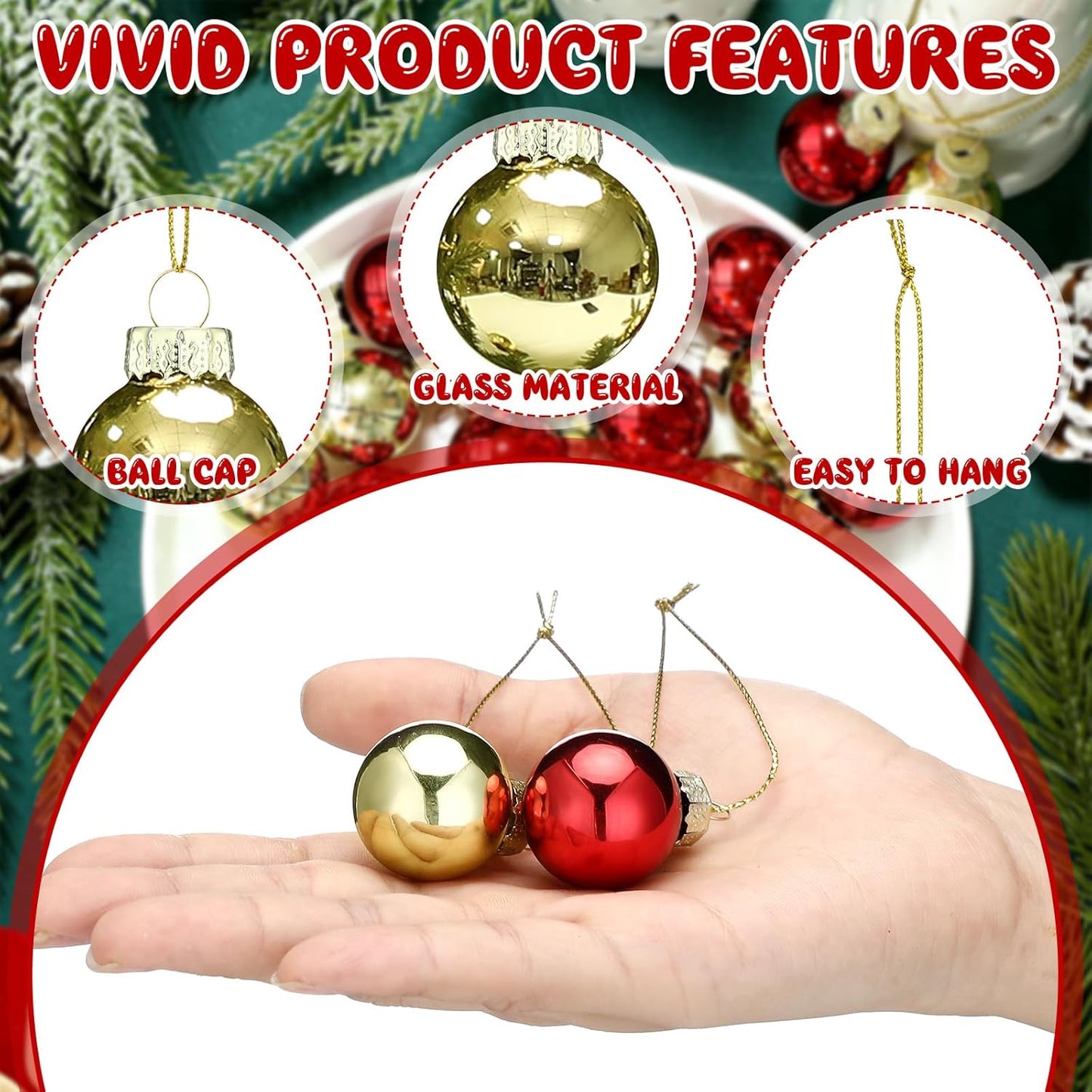 Tioncy 32 Pcs 1 Inch Mini Glass Christmas Ornaments Balls Shiny Christmas Balls Tiny Tree Hanging Decoration Small Colorful Ball Pendant for Xmas Party Supplies(Red, Gold)