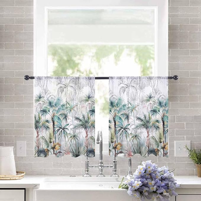 Teal Green Palm Tree Sheer Curtains 45 Inch Length 2 Panels Set for Living Room/Bedroom, Semi Curtain Sheers Drapes Rod Pocket Window Curtains 52x45x2 Summer Tropical Coconut Plant Modern White