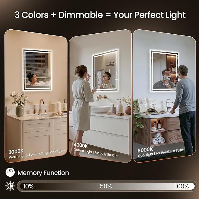 24X30 LED Bathroom Mirror with Lights, Anti-Fog, Backlit + Front Lit (CRI>90), Lighted Bathroom Vanity Mirror for Wall, Memory Function, Dimmable, Tempered Glass, Shatter-Proof