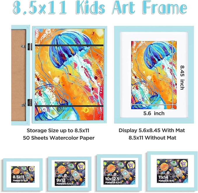 KINLINK 8.5x11 Kids Art Frame 2 Pack, Solid Wood Artwork Frames Changeable, Front Opening Hold 150 Pictures, Art Frames for Kids Artwork, 6x9 with Mat 8.5x11 without Mat, Picture Frames Light Blue