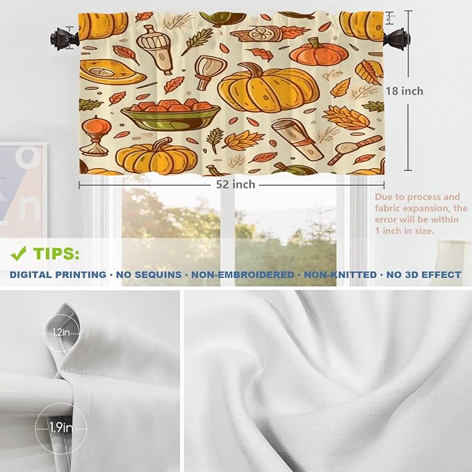 Shrahala Thanksgiving Seamless Pattern Blackout Short Curtains for Windows, Pumpkin Apple Pear Leaves Kitchen Valance Thermal Insulated Rod Pocket Window Treatment for Bathroom 2 Pack 52 X 18 in