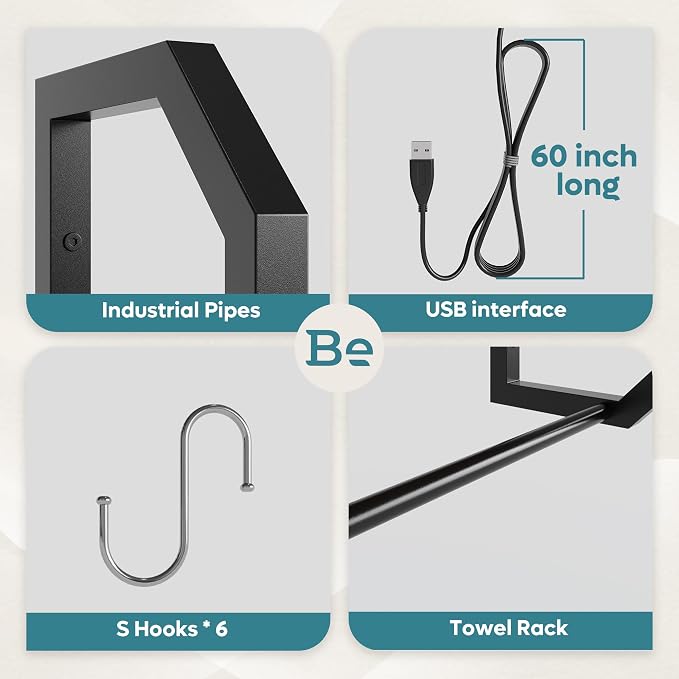 Bestier Gaming Floating Shelves, 34" LED Wall Mounted Shelf with Adjustable Glass Shelf, Pipe Shelves Hanging Display Rack Bookshelf with 6 S-Hook, Gaming Room Decor Wine Coffee Bar Black