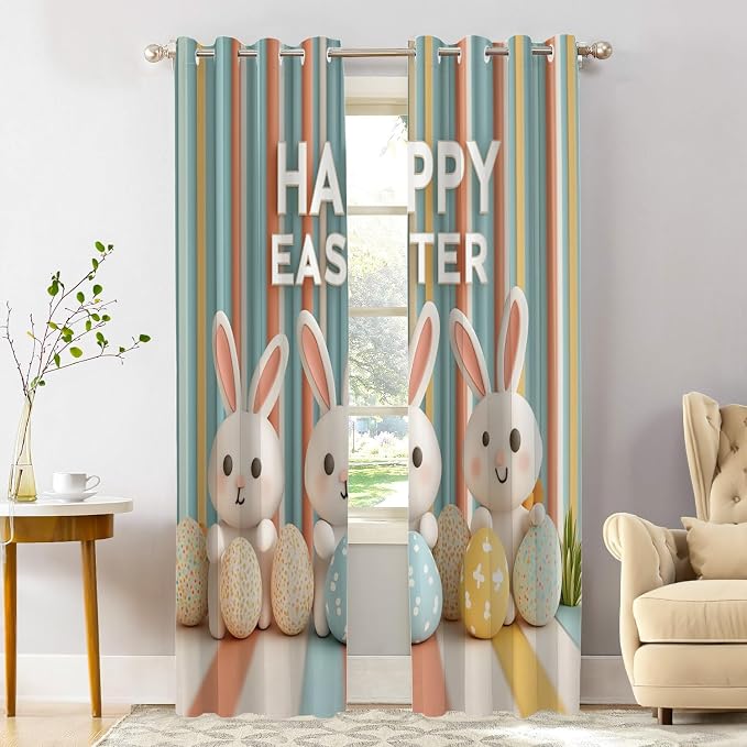 Shrahala Three Rabbits Colorful Eggs Thermal Insulated Blackout Window Curtains, Easter Celebration with Rabbits Eggs Long Drapes for Bedroom/Living Room with Plastic Grommet, 52X84 Set of 2