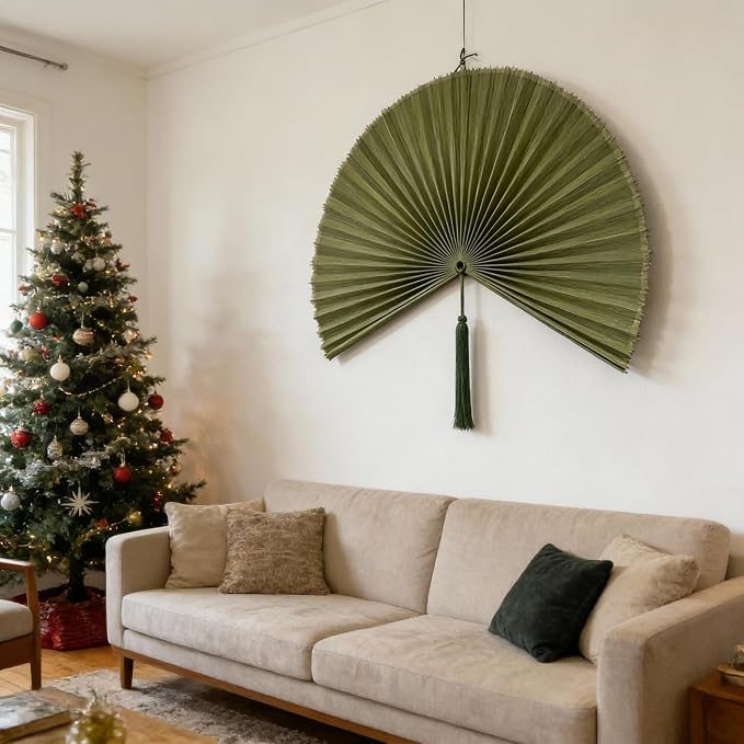ChumDecor Fan Wall Decor, Japanese Giant Fan, Large Bamboo Fan Wall Art for Boho Hanging Headboard, Decorative Folding Fans for Over Bed, Asia Trending (Army Green 40inch)