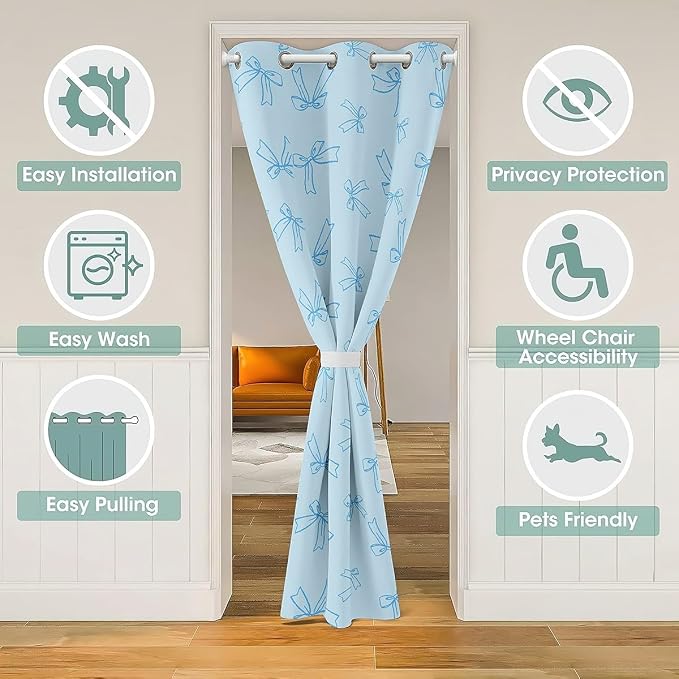Feelyou Blue Bow Door Curtain for Doorway Privacy Dreamy Princess Style Closet Door Cover Curtain for Bedroom Living Room Watercolor Bowknot Room Blackout Curtain Window Treatments 1 Panel, 34"x80"