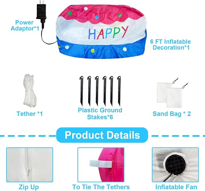 6 Ft Inflatable Happy Birthday Cake Decorations Outdoor Lighted Blow Up Holiday Birthday Party Decor with Candles 6 LED Lights for Indoor Home Celebration Garden Lawn Yard Prop Sign