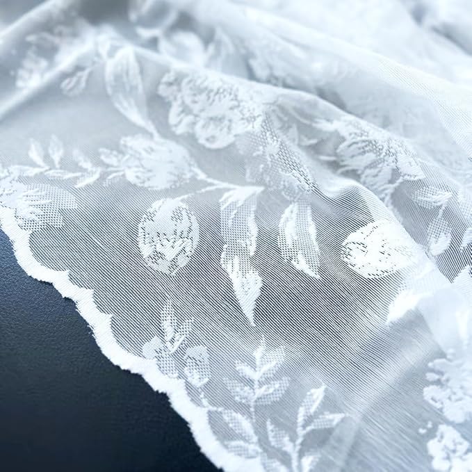 Treatmentex Floral White Lace Curtains 63 inch Length, French Rose Embroidered Sheer Curtains for Living Room Bedroom, Light Filtering Lace Window Drapes Rod Pocket 54" w 2Panels