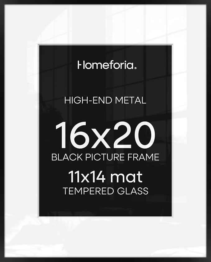 Homeforia 16 x 20 Picture Frame Black, High End Metal 11x14 Matted for 16x20 Frame, 16 x 20 Black Poster Frame with Mat 11 x 14 inch Photo, 20x16 Thin Hanging Frame, Tempered Glass, Wall Kit, Set of 2