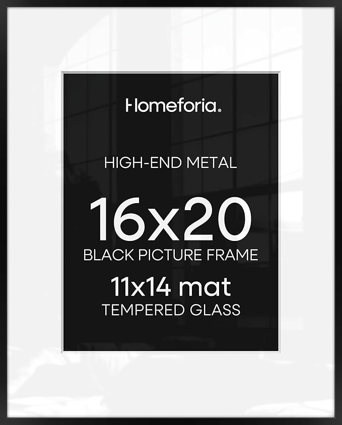 Homeforia 16 x 20 Picture Frame Black, High End Metal 11x14 Matted for 16x20 Frame, 16 x 20 Black Poster Frame with Mat 11 x 14 inch Photo, 20x16 Thin Hanging Frame, Tempered Glass, Wall Kit, Set of 1