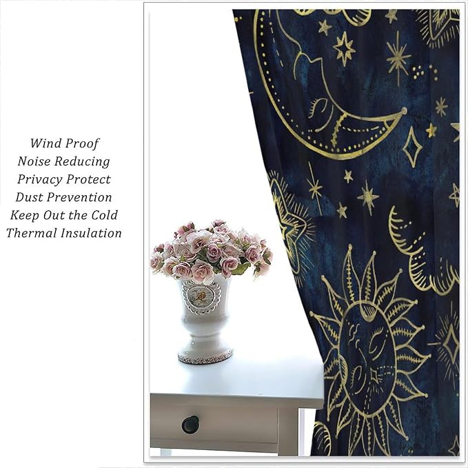 Boho Sun Moon Blackout Window Curtains, Bohemia Theme Sun Moon Stars Print Pattern Rod Pocket Window Drapes, for Living Room Bedroom 84x84in 2 Panels